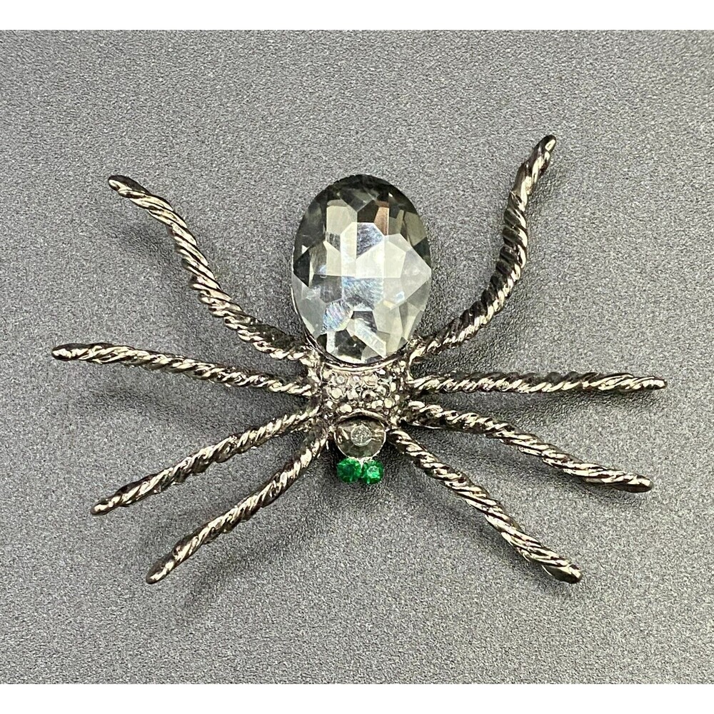 Vintage Rhinestone Marcasite Spider Brooch Crystal Metal Pin